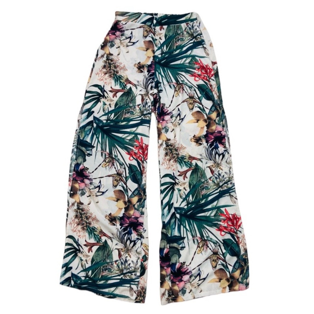 San Souci gypsy jeanie open leg tropical garden print wide leg pants. Small